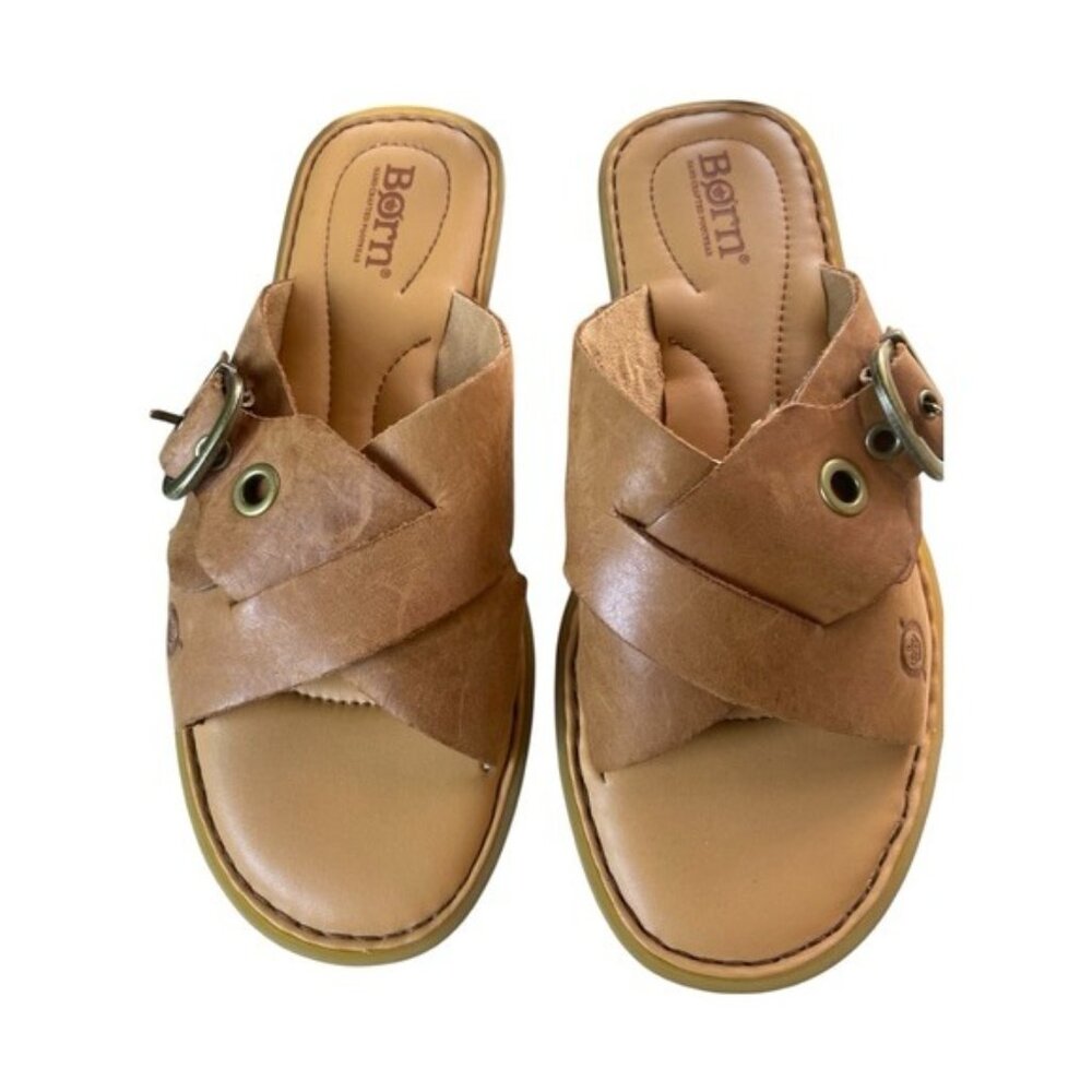 Born Light Brown Leather Buckle Slides